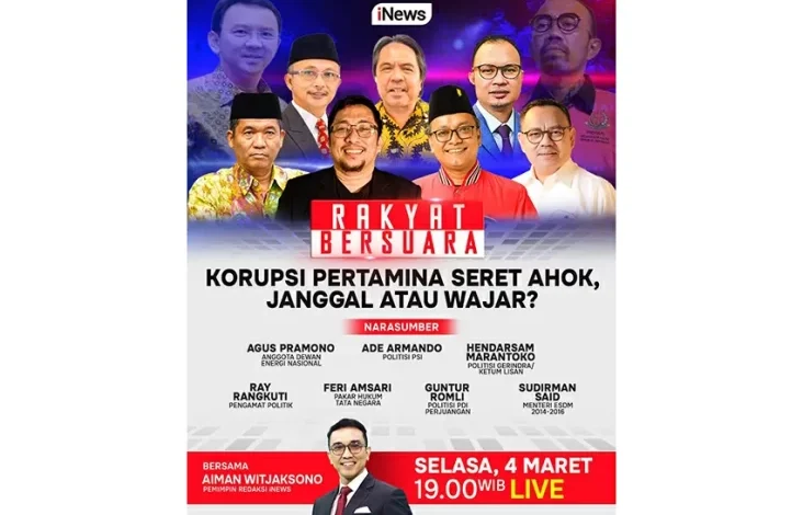 Saksikan Waktu petang Ini adalah adalah di area pada Rakyat Bersuara Korupsi Pertamina Seret Ahok, Janggal atau Wajar? dengan Aiman Witjaksono, Ray Rangkuti, Feri Amsari, kemudian juga Narasumber Lainnya, Live pada iNews